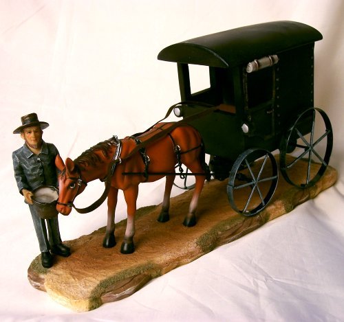 Amish Man Feeding Horse W/ Black Buggy