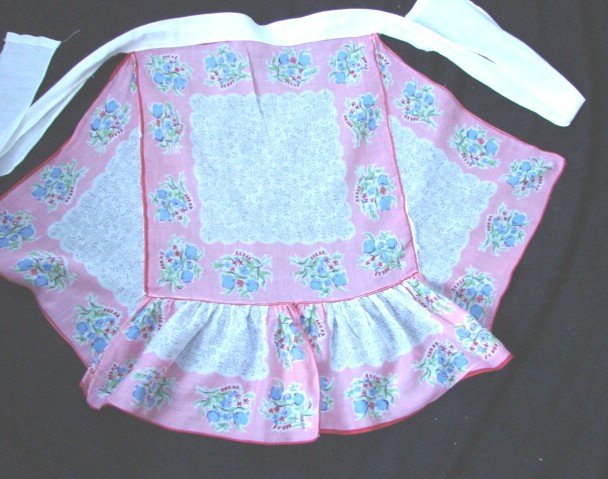 Vintage 30s 40s Handkerchief Hanky Apron PINK w Blue Flowers