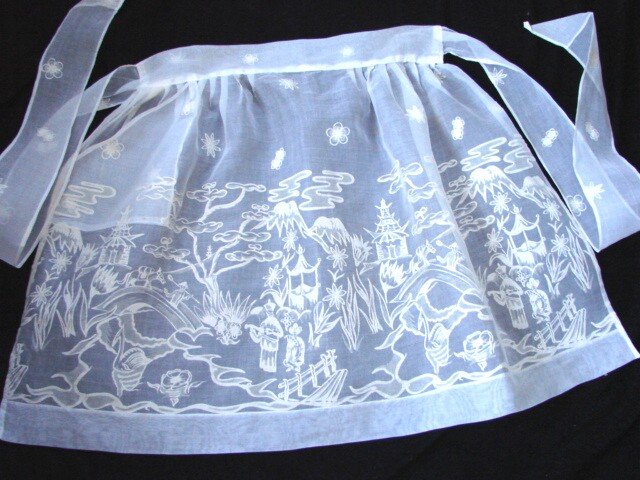 Vintage 50s Hostess ORIENTAL Apron FLOCKED ORGANZA NOS New w Tag