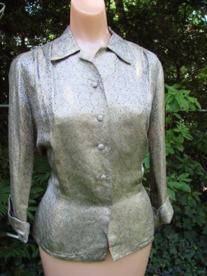 Vintage 50s GOLD BROCADE Blouse Top Fitted ELEGANT L