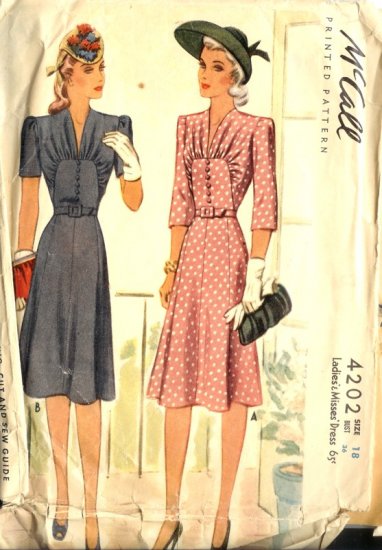 Sewing Pattern Vintage 40s Dress Bib panel Gathers B36
