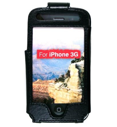 Full View Leather Belt Clip Pouch Case for Apple iPhone 3G Cell Phone - BLACK