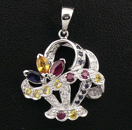 18K White Gold 0.07cts Diamond & 1.19cts Orange, Blue, Red, Yellow Sapphire Pendant
