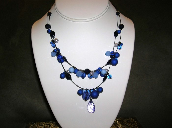 Blue beaded double strand necklace