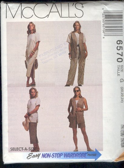 McCall's Sewing Pattern 6570 Vest, Top, Skirt in two lengths, Pants, Shorts, Size 20,22 and 24.