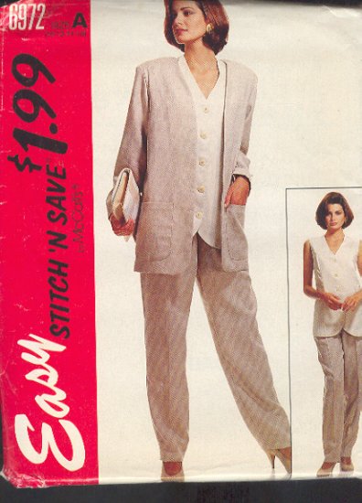 McCall's Sewing Pattern 6972 Pant Suit - Jacket Vest and Pants, Size 10 12 14 16