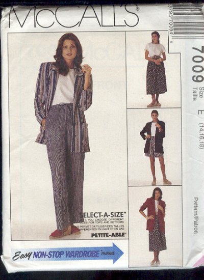 McCall's Sewing Pattern 7009 Unlined jacket, top, pants, skirt and shorts, Size 14 16 18