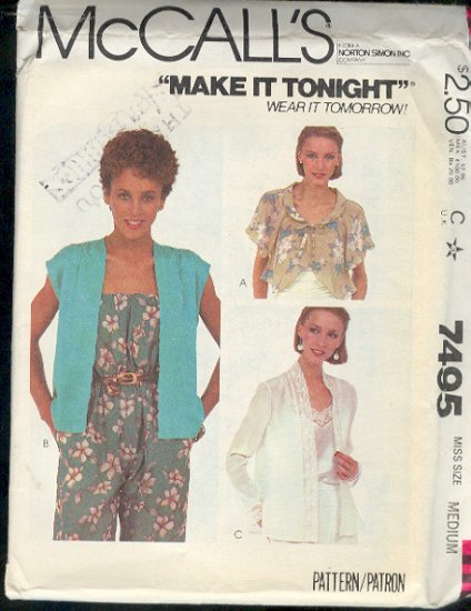 McCall's Sewing Pattern 7495 Pretty Cover Ups Size 10 12
