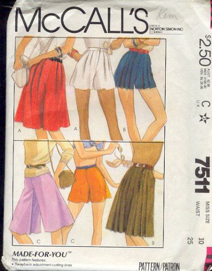 McCall's Sewing Pattern 7511 Culottes and Shorts, Size 10