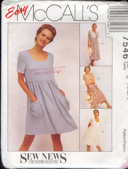 McCall's Sewing Pattern 7546 Dress in two lengths, nice for Maternity, Size 10 12 14