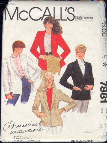 McCall's Sewing Pattern 7881 Blazer by Palmer & Pletsch Size 20