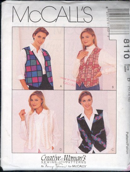 McCall's Sewing Pattern 8110 Vests, 4 versions, Size 12 14 16