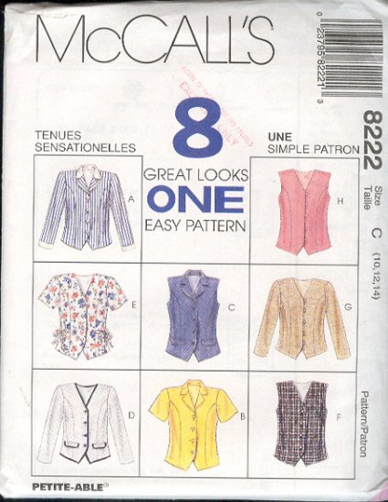 McCall's Sewing Pattern 8222 Wesket Top in eight versions, Size 10 12 14