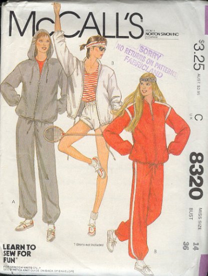 McCall's Sewing Pattern 8320 Sweats, Pants, Shorts, Jacket, Hoody, Size 14