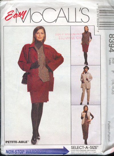 McCall's Sewing Pattern 8394 Unlined Jacket, Lined Vest, Pants, Skirt, Size 16 18 20