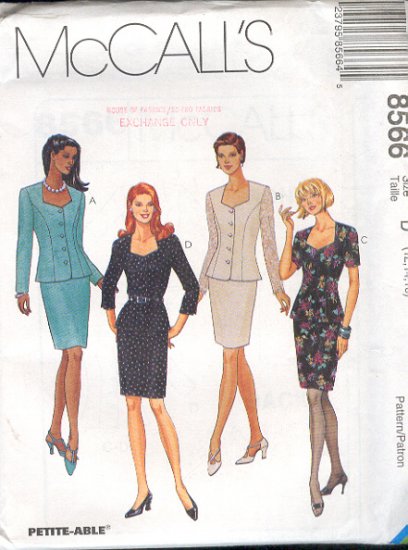 McCall's Sewing Pattern 8566 Suit, Unlined jacket and skirt, Size 12 14 16