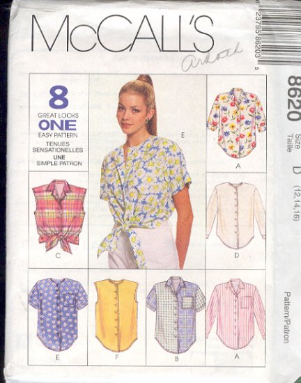 McCalls Sewing Patterns 8620 Blouse, eight variations, Size 12 14 16