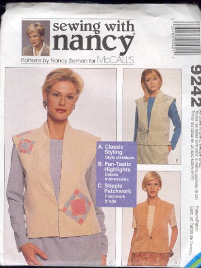 McCall's Sewing Pattern 9242 by Nancy Zieman, Lined Vests, Three Versions, detailed, Sizes 8 - 22