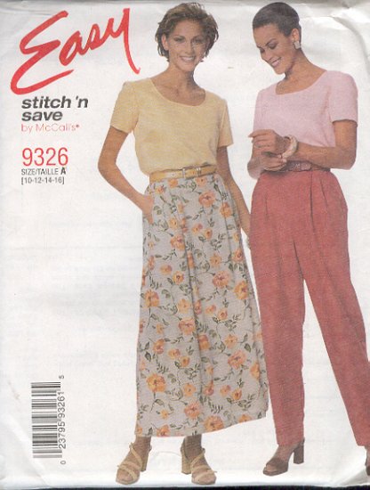 McCalls Sewing Pattern 9326 Pull On Pants and Skirt, Size 10 - 16