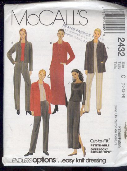 McCall's Sewing Pattern 2432 Ensemble for stretch knits. Size 10 12 14