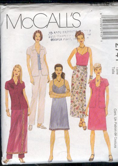 McCall's Sewing Pattern 2741 Blouse, Dress, Wrap skirt, pants, Size 10 12 14