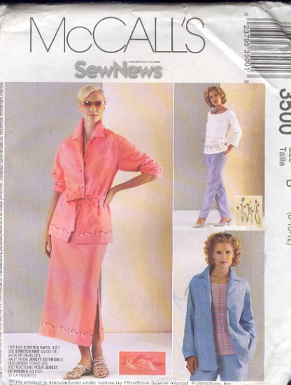 McCall's Sewing Pattern 3500 Jacket, Top, Pullon pants and skirt, Size 8 10 12