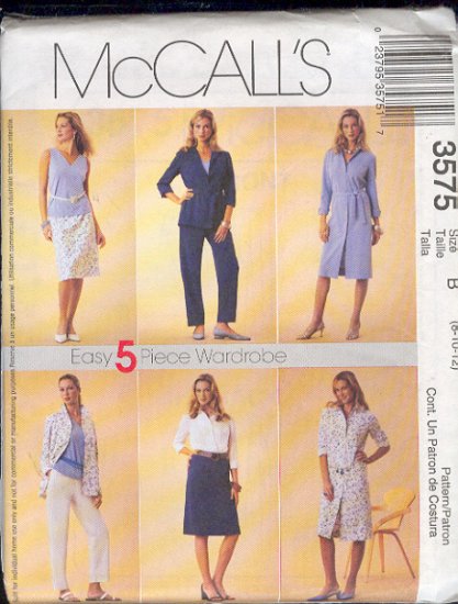 McCall's Sewing Pattern 3575 Petite dress, shirt, top, pants, skirt and tie belt. Size 8 10 12