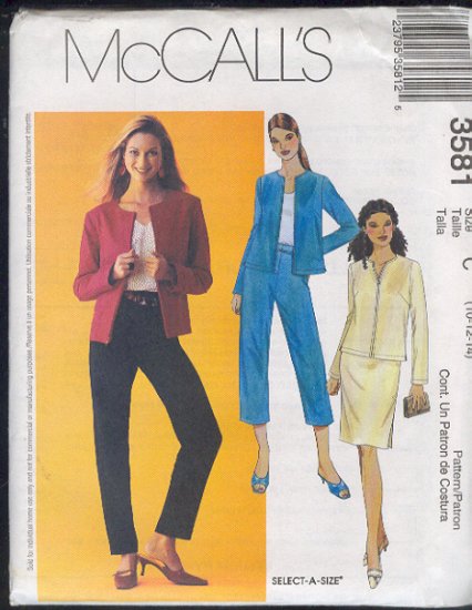 McCall's Sewing Pattern 3581 Lined or Unlined Jacket, Capri, Pants, Skirt, Size 10 12 14