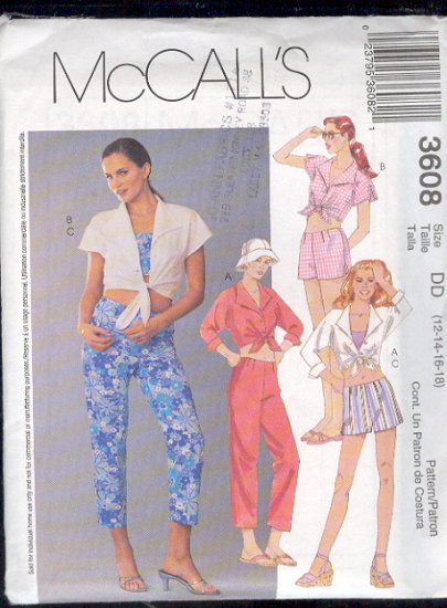 McCall's Sewing Pattern 3608 Shorts, Pants, Mid driff top, Size 12 - 18
