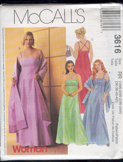McCall's Sewing Pattern 3616 Classic Formal, Princess/Empire with stole Size 18W - 24W