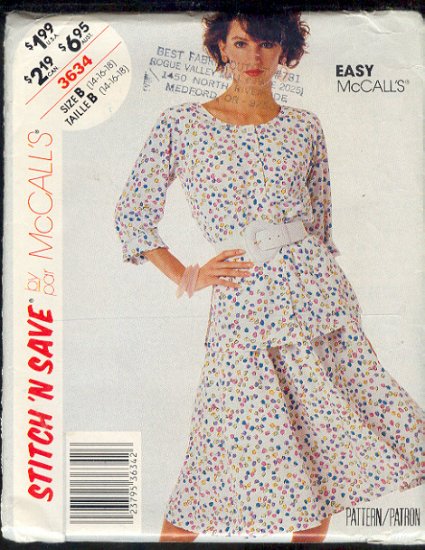 McCall's Sewing Pattern 3634 Two Piece Dress, Size 14 16 18