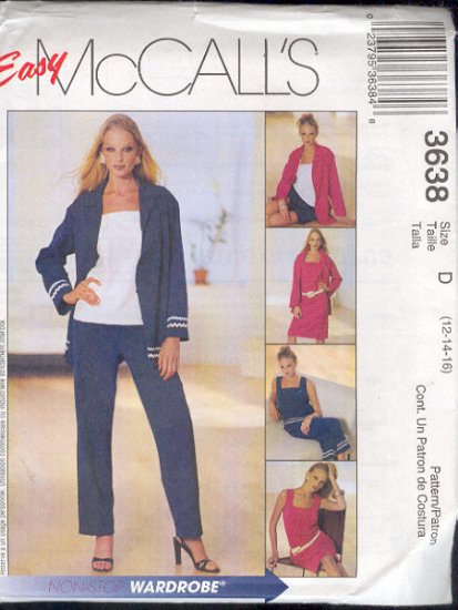 McCall's Sewing Pattern 3638 Jacket, Top, Dress, Shorts, Pants, Size 12 - 16