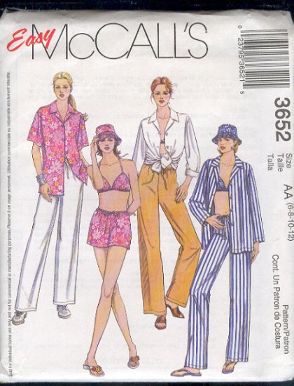McCall's Sewing Pattern 3652 Shirt, Benini Top, Drawstring pant or short and hat, Size 6 - 12