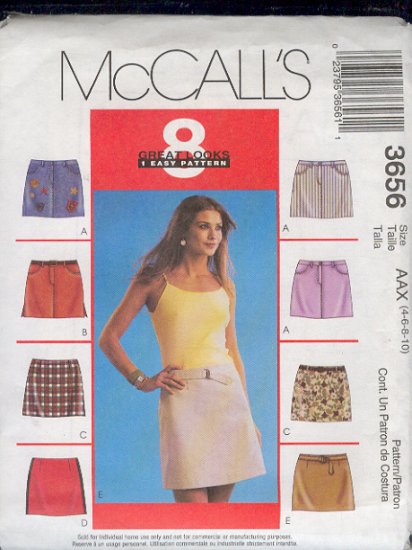 McCall's Sewing Pattern 3656 Skirt with eight variations, size 4 - 10