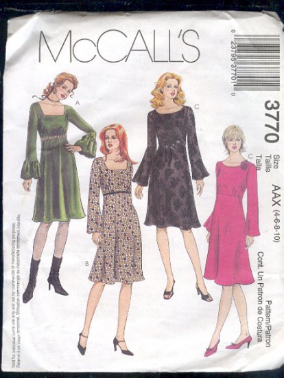 McCall's Sewing Pattern 3770 Princess/Empire dressy dress, Size 4 -10