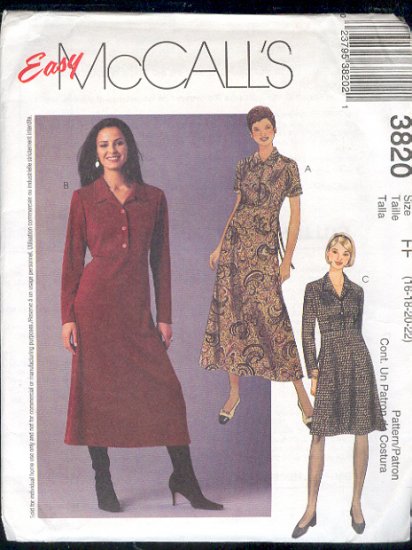 McCall's Sewing Pattern 3820 Dress, raised waist,two lengths, Size 16 - 22