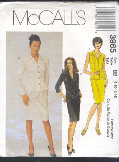 McCall's Sewing Pattern 3965 Suit - Petite jacket, sleeveless blouse and skirt. Size 8 - 14