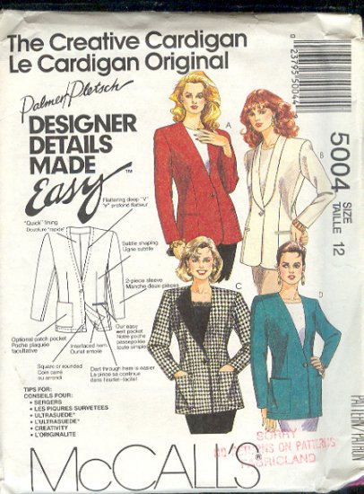 McCall's Sewing Pattern 5004 Blazer Jacket by Palmer Pletsch size 12