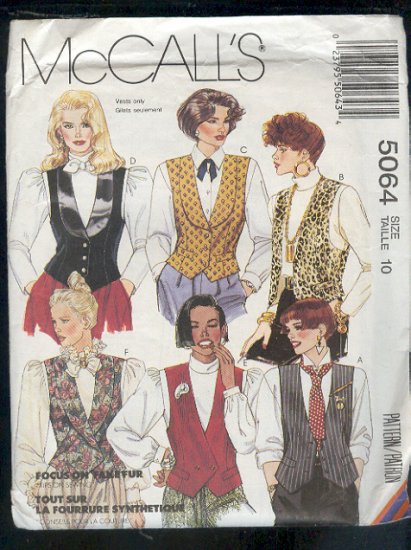 McCall's Sewing Pattern 5064 Vests, Six options, size 10