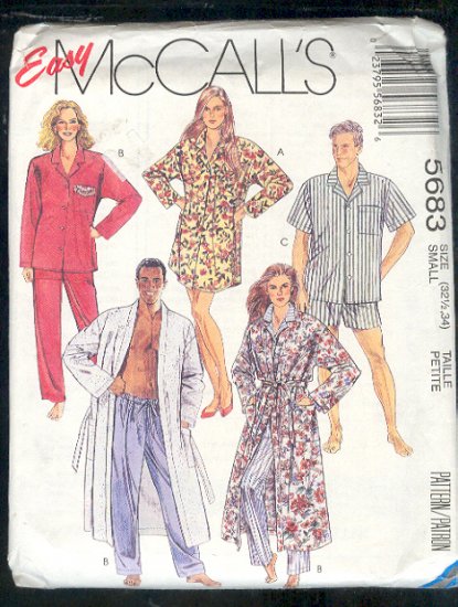 McCall's Sewing Pattern 5683 Unisex sleep gear, Robe, Jams, Shorts, Size 32/34