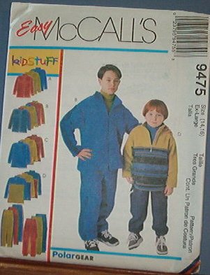 McCall's Sewing Pattern 9475 Boys Polar Fleece tops and pants, Size 14 16