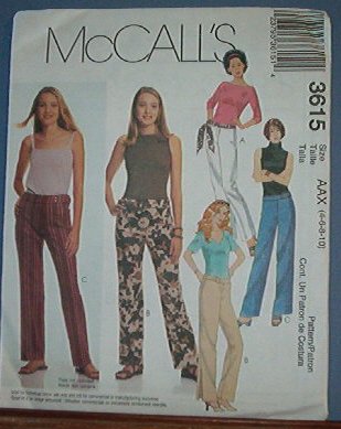 McCall's Sewing Pattern 3615 Low rise pant with tie belt. Size 4 - 10