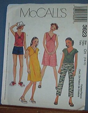McCall's Sewing Pattern 3623 Tops and Dress with options, Pull on shorts and pants, size 7 8 10