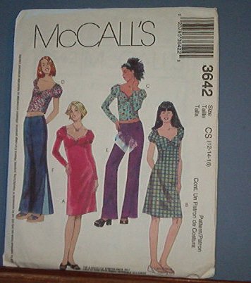 McCall's Sewing Pattern 3642 Dresses, Tops and low rise pant, size 12 14 16