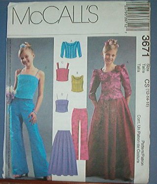 McCall's Sewing Pattern 3671 Dressy Pants, Tops and Skirt for girls, Prom gear, Size 12 14 16