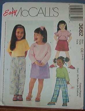 McCall's Sewing Pattern, Pant, Tops and skirt for children, Size 3 4 5