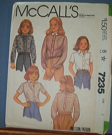 McCall's Sewing Pattern 7235 Girl's Shirt with varitions, Size 7