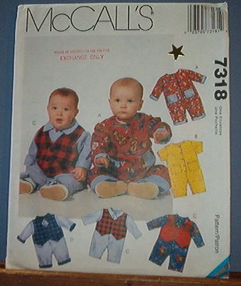 McCall's Sewing Pattern, Infant jumpsuit with variations, Size 10 - 24 lbs
