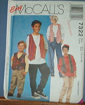 McCall's Sewing Pattern 7322 Boy's Lined Vest, Stretch Knit T Shirt, pull on pants. Size 10 12 14