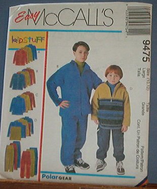 McCall's Sewing Pattern 9475 Polar Fleece Tops and Pants for Boys. Size 10 12